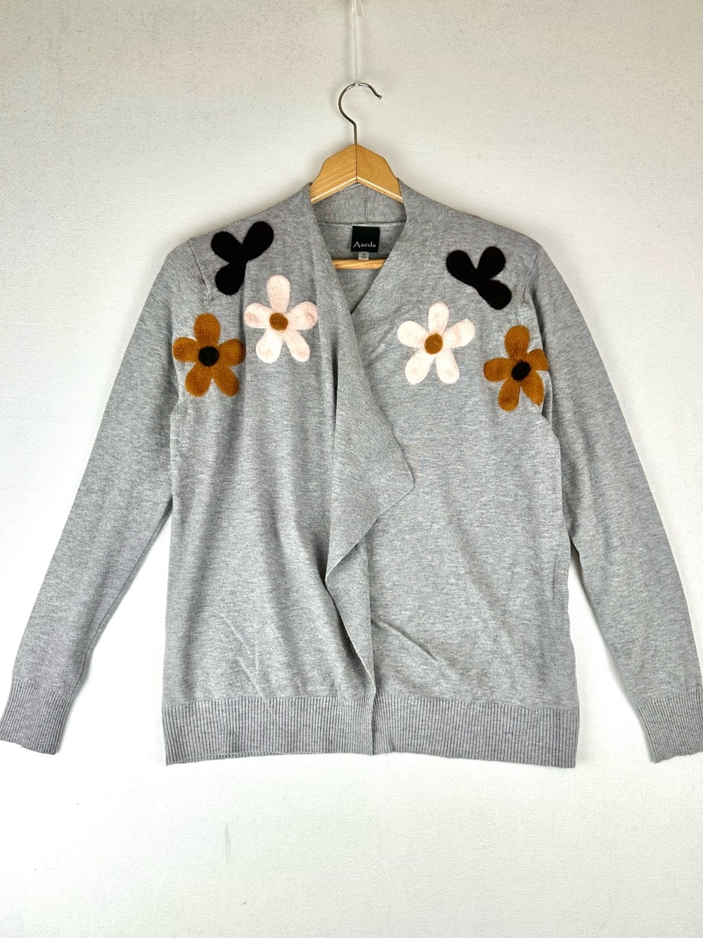 Aaeda Floral Applique Open Front Cardigan Sweater Office